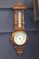 Lot 15 - VICTORIAN CARVED OAK ANEROID BAROMETER CLOCK 8...