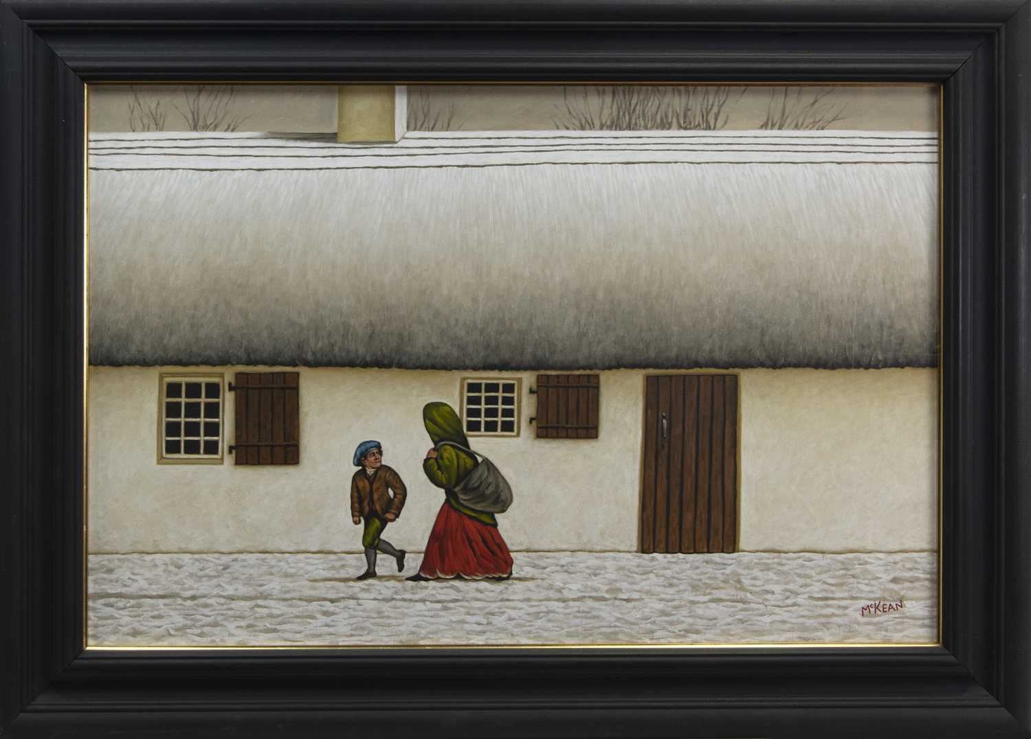 Lot 768 - A YOUNG BURNS AND HIS MOTHER ON MARKET DAY, AN OIL BY GRAHAM MCKEAN