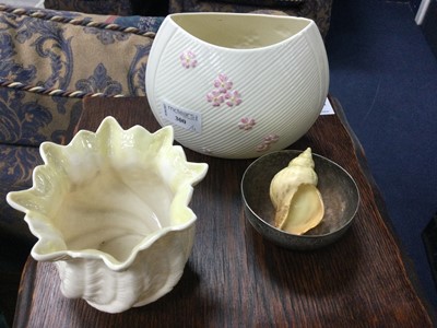 Lot 300 - A BELLEEK FERN POT AND VASE, SILVER BOWL AND ROYAL WORCESTER SHELL DISH