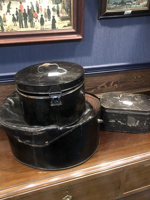 Lot 309 - VICTORIAN HAT TIN, WITH A TOP HAT, TWO OTHER BOXES AND TWO BERETS