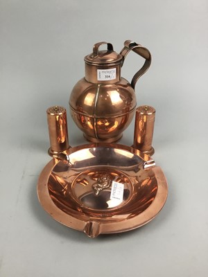 Lot 316 - A COPPER JERSEY MILK CAN, TWO CYLINDRICAL CRUETS AND AN ASH DISH