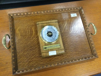 Lot 318 - AN OAK TEA TRAY, SPIRIT BARREL ANS WEATHER STATION