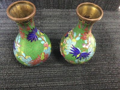 Lot 745 - A LOT OF TWO PAIRS OF EARLY 20TH CENTURY CHINESE CLOISONNE ENAMEL VASES AND TWO OTHER VASES