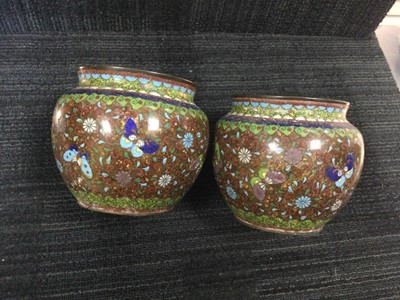Lot 746 - A PAIR OF EARLY 20TH CENTURY CHINESE CLOISONNE ENAMEL POTS, JAR AND VASE