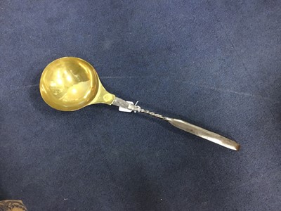 Lot 418 - A LARGE ORNAMENTAL BRASS AND IRON SPOON AND OTHER ITEMS