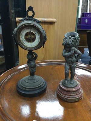 Lot 365 - AN EARLY 20TH CENTURY BRONZED TABLE BAROMETER AND OTHER ITEMS