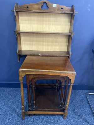 Lot 430 - A MAHOGANY NEST OF THREE TABLES AND A MAHOGANY WALL HANGING UNIT