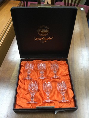 Lot 435 - A SET OF SIX WEBB LIQUEUR GLASSES IN ORIGINAL BOX AND TWO TABLE LAMPS