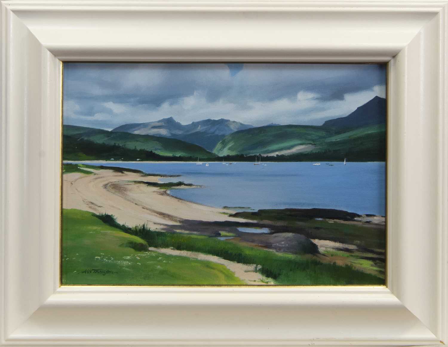 Lot 708 - ON THE SHORE, BRODICK, AN OIL BY ALASTAIR THOMSON