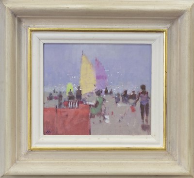 Lot 730 - SAILBOATS AND SEAMIST, AN OIL BY STEPHEN BROWN
