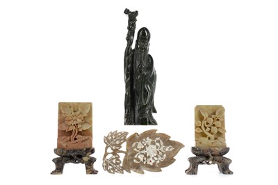 Lot 747 - A PAIR OF CHINESE SOAPSTONE PANELS ON STANDS, A FIGURE OF SHAO LAO AND A LEAF