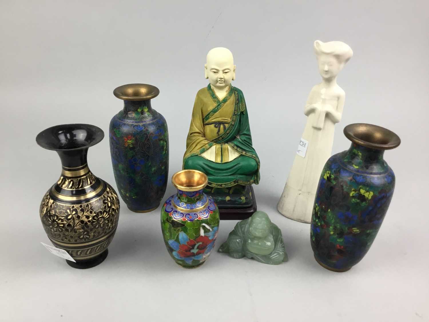 Lot 97 - A LOT OF THREE CLOISONNE ENAMEL VASES ALONG WITH OTHER ITEMS