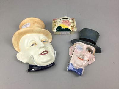 Lot 128 - A LOT OF TWO ART DECO STYLE WALL MASKS, A BOX AND THREE TOBY JUGS