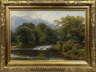 Lot 94 - SALMON ANGLER AND HIS DOG ON THE RIVER TAY, KINNAIRD, PERTHSHIRE, AN OIL BY FREDERICK WILLIAM HULME