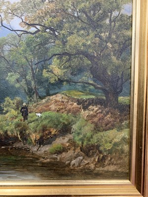 Lot 94 - SALMON ANGLER AND HIS DOG ON THE RIVER TAY, KINNAIRD, PERTHSHIRE, AN OIL BY FREDERICK WILLIAM HULME