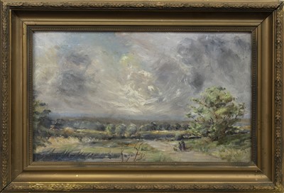 Lot 97 - FIGURES WITH A DOG ON A COUNTRY LANE, AN OIL BY WILLIAM ALFRED GIBSON