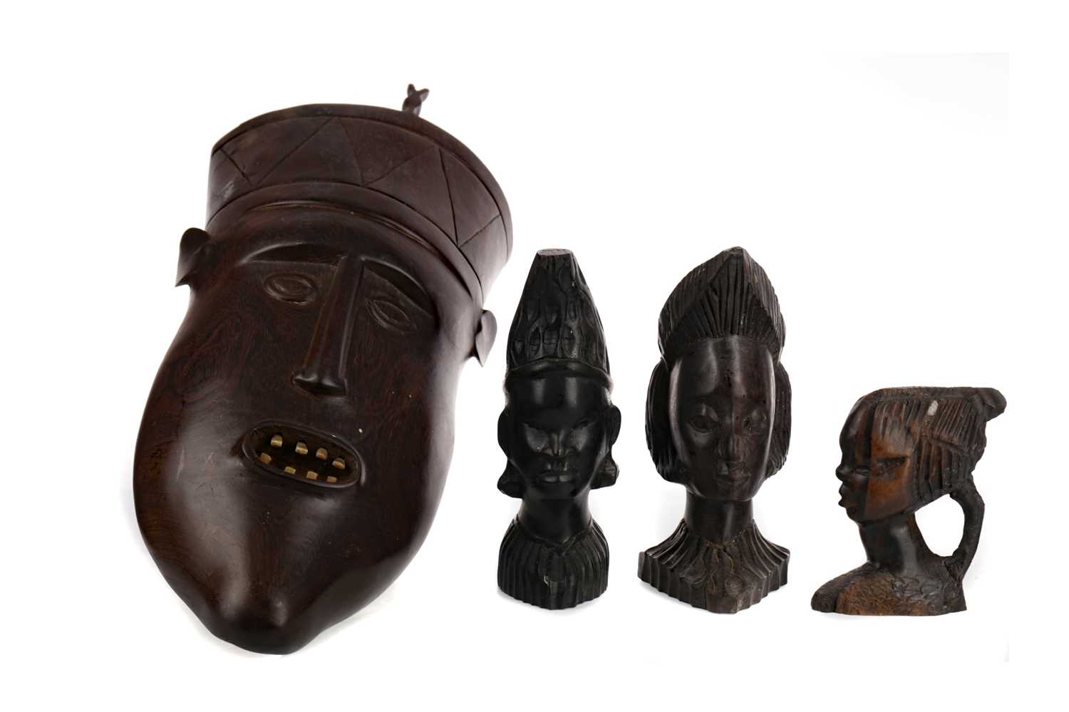 Lot 724 - AN AFRICAN CARVED WOOD WALL MASK, ANOTHER MASK AND BUSTS