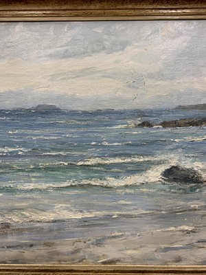 Lot 107 - WEST COAST SEASCAPE WITH SAILING BOATS ON THE HORIZON, AN OIL BY MARY MORRIS