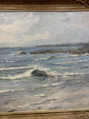 Lot 107 - WEST COAST SEASCAPE WITH SAILING BOATS ON THE HORIZON, AN OIL BY MARY MORRIS