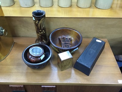 Lot 285 - A POKERWORK VASE, CARD CASE AND OTHER OBJECTS