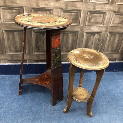 Lot 261 - AN ARTS & CRAFTS CARVED CIRCULAR TABLE AND ANOTHER