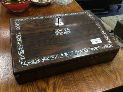Lot 281 - A ROSEWOOD AND MOTHER OF PEARL INLAID WRITING SLOPE, SEWING BOX AND A CARVED WOOD BOX