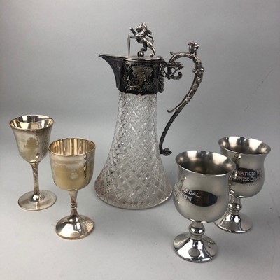 Lot 164 - A SILVER PLATED AND CRYSTAL CLARET JUG ALONG WITH SIX SILVER PLATED GOBLETS