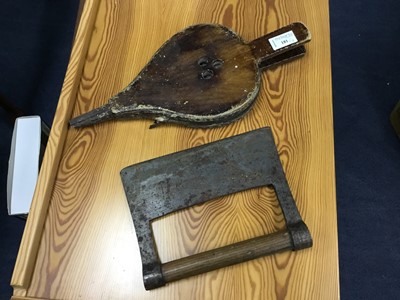 Lot 181 - A PAIR OF VINTAGE BELLOWS, CERAMIC HOT WATER BOTTLE AND OTHER OBJECTS