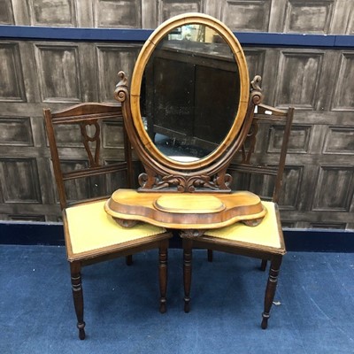 Lot 148 - A VICTORIAN MAHOGANY DRESSING GLASS AND TWO CHAIRS