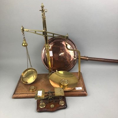 Lot 159 - A SET OF BRASS POSTAL SCALES, BED WARMING PAN AND OTHER SCALES