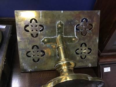 Lot 158 - A BRASS BIBLE STAND, FAMILY BIBLE AND A BRASS TRAY