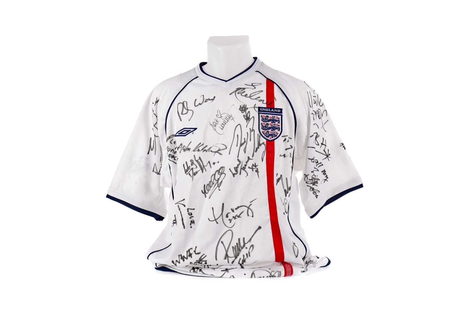 Lot 1721 - AN ENGLAND INTERNATIONAL JERSEY SIGNED T.V. AND MUSIC PERSONALITIES