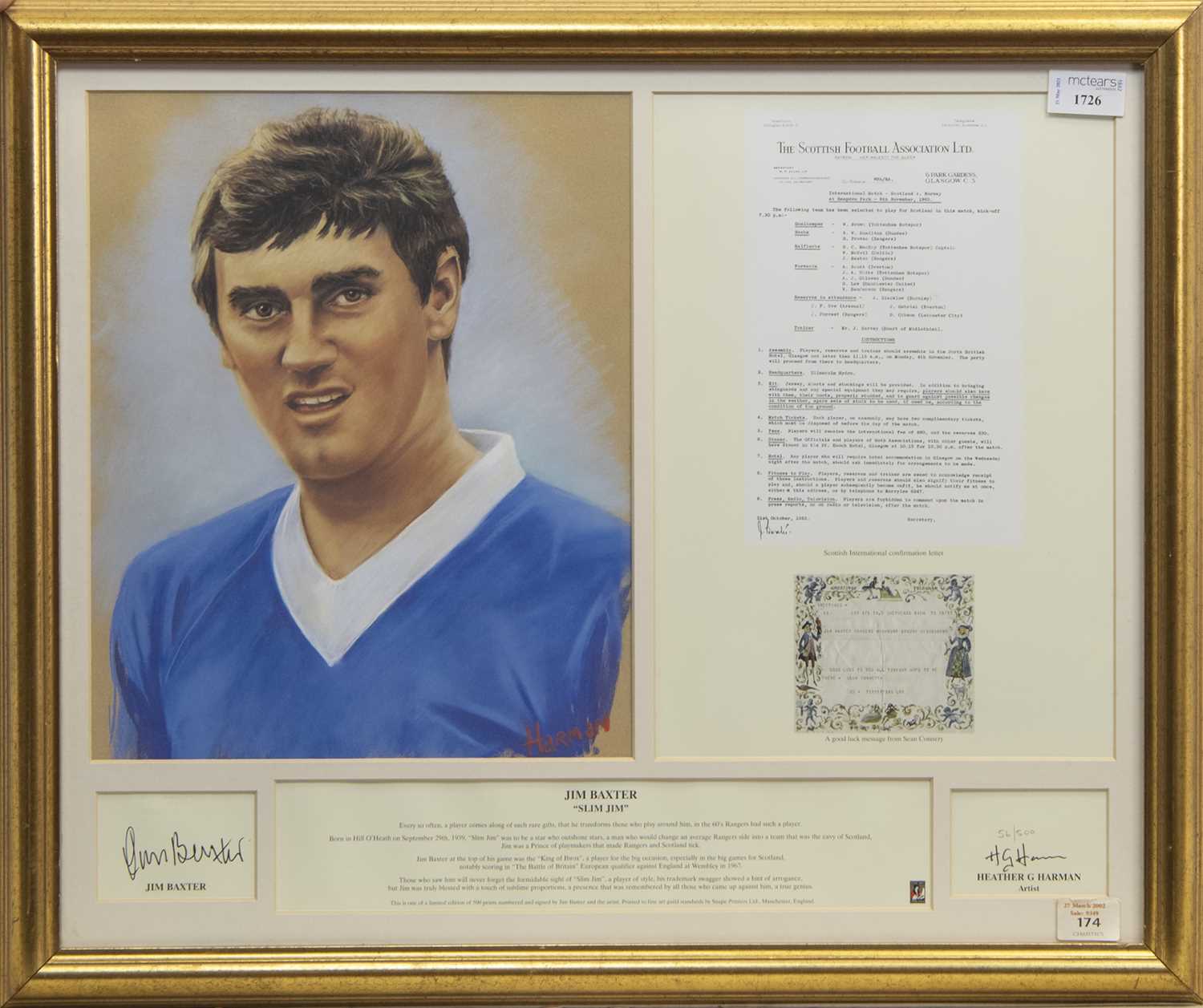 Lot 1726 - A JIM BAXTER SCOTLAND AND RANGERS F.C. AUTOGRAPH DISPLAY AND PRINT BY HEATHER G. HARMA