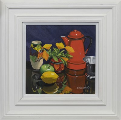 Lot 513 - COFFEE POT STUDY WITH MARIGOLDS, AN OIL BY FRANK COLCOUGH