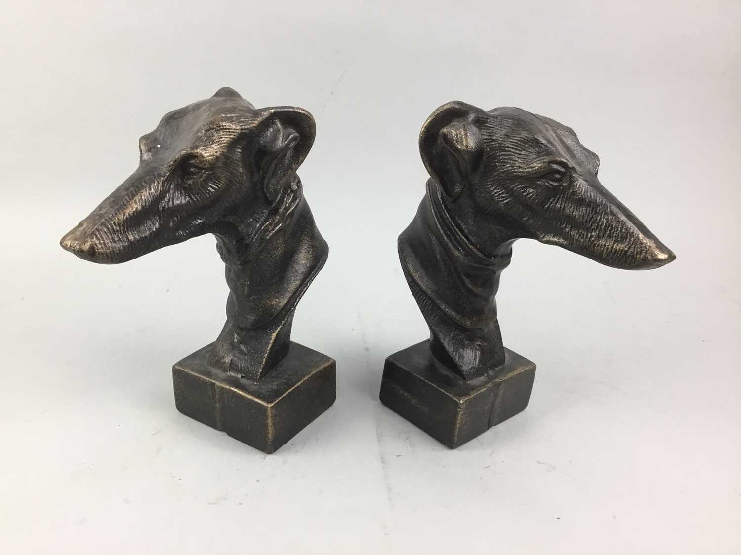 Lot 358 - A PAIR OF CAST METAL BOOKENDS FORMED AS WHIPPET'S HEADS