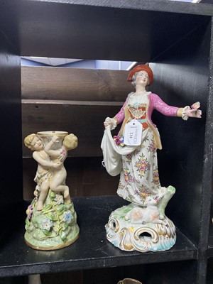 Lot 214 - A 19TH CENTURY CONTINENTAL STONEWARE FIGURE OF A LADY, A DOLL AND OTHER FIGURES