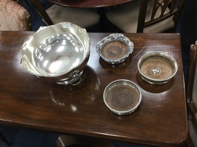 Lot 244 - A SILVER PLATED CIRCULAR PUNCH BOWL AND THREE WINE SLIDES