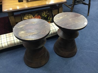 Lot 486 - A PAIR OF STAINED WOOD DRUM SHAPED STOOLS