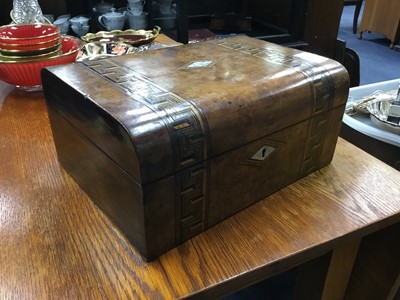 Lot 559 - A VICTORIAN INLAID WALNUT SEWING BOX, A WALKING STICK, SHOE LAST AND OSTRICH FEATHER