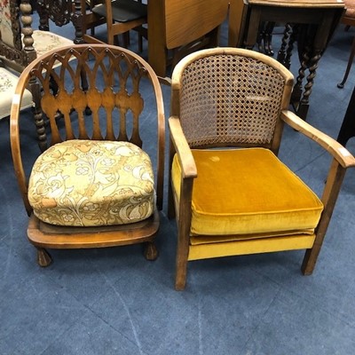 Lot 512 - A CANE BACKED ARMCHAIR AND ANOTHER