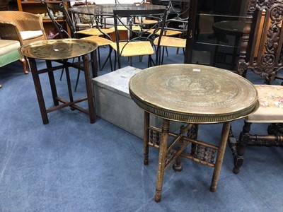 Lot 513 - A BRASS TRAY TOP TABLE ON FOLDING STAND AND ANOTHER AND A BRASS TRAY