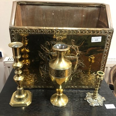 Lot 283 - A BRASS MAGAZINE RACK, BRASS VASES, CANDLESTICKS AND OTHER BRASS WARE