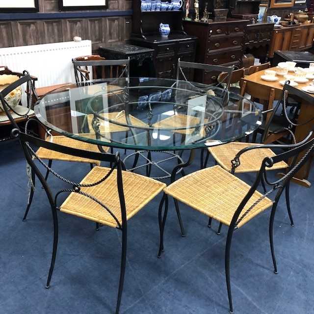 Lot 492 - A MODERN GLASS TOPPED DINING TABLE AND SIX METAL CHAIRS