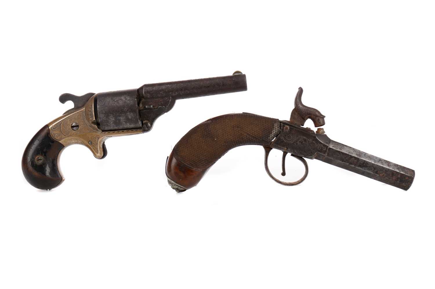 Lot 1358 - A MOORE'S PATENT TEATFIRE REVOLVER ALONG WITH A PERCUSSION PISTOL