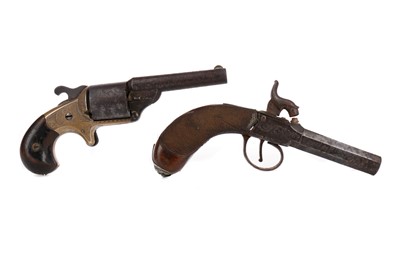 Lot 1358 - A MOORE'S PATENT TEATFIRE REVOLVER ALONG WITH A PERCUSSION PISTOL
