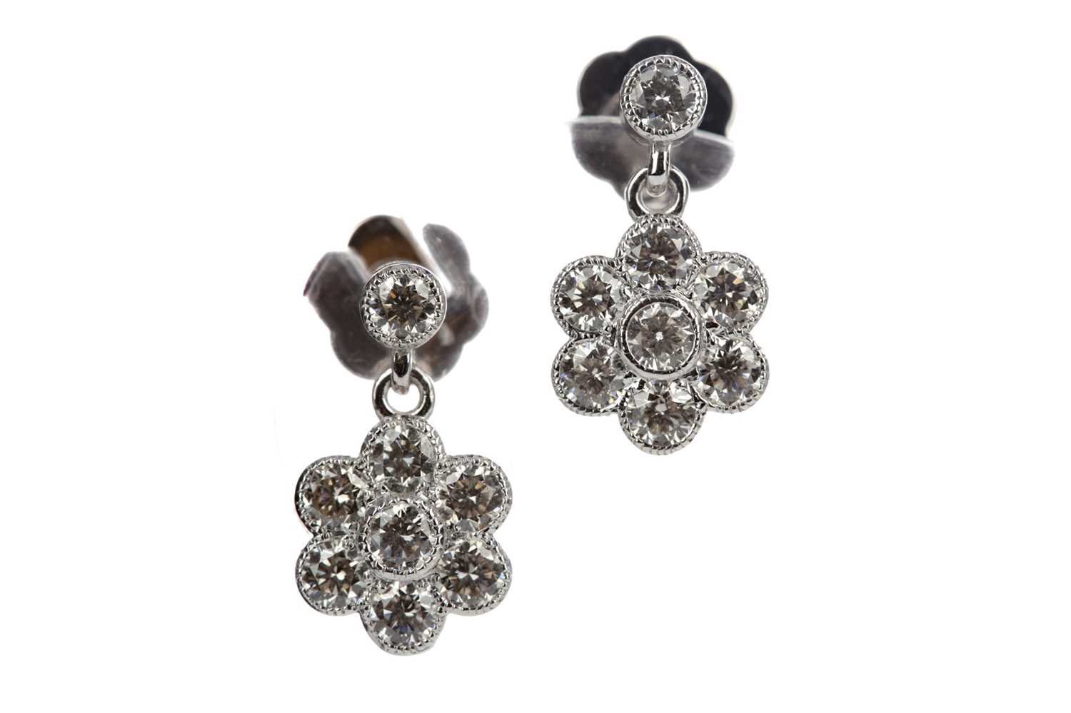 Lot 882 - A PAIR OF DAISY CLUSTER DROP EARRINGS
