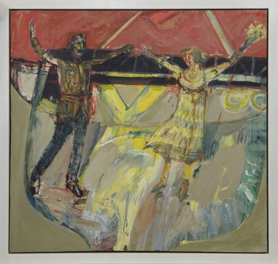 Lot 544 - ROTHESAY FERRY IV, THE COUPLE, AN OIL BY JAMES HARDIE