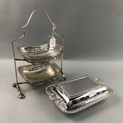 Lot 147 - A LOT OF TWO SILVER PLATED CAKE STANDS AND FOUR ENTREE DISHES