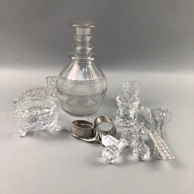 Lot 149 - A LOT OF TWO SILVER NAPKIN RINGS, A GLASS DECANTER AND OTHER ITEMS
