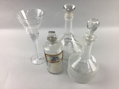Lot 166 - A GLASS WINE DECANTER, GLASSES AND JARS